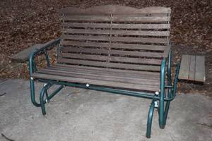 lot 57 image: Patio FurnitureWrought Iron Wood Glider Bench