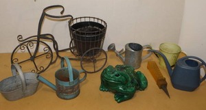lot 144 image: Lawn & Garden DecorTurtle Statue, Bicycle Planter, Water Cans Etc