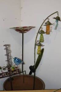 lot 146 image: Lawn & Garden DecorSolar Stakes, Rain Gauge, Birdbath Stake, Glass Metal