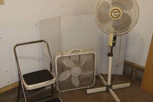 lot 102 image: Vintage Tozaj Super Deluxe Pedestal Adjustable Area Fan, Lakewood Box Floor Fan, Cisco Step Stool...