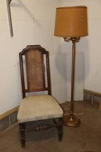 lot 101 image: Antique Floor Lamp, Tall Caned-Back Upholstered Chair