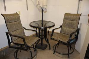 lot 29 image: Outdoor Patio Table Swivel Chairs Umbrella wWeighted Base Set
