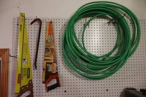 lot 97 image: Workshop Tools and Supplies, Hand Saws, Air Hose Etc