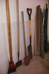 lot 87 image: Garage, Outdoor Lawn and Garden Utility ToolsTile Shovel, Ice Chisel Scraper, Fence Posts, Stakes Etc