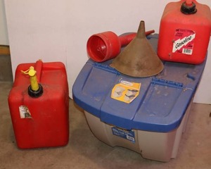 lot 82 image: Plastic Gas Cans, Stackable Storage Bin Etc