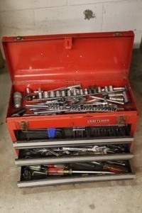 lot 32 image: Garage Shop...Craftsman Steel Tool Box and Contents