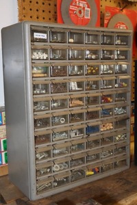 lot 39 image: Garage Shop Workbench 60-Drawer Hardware Organizer and Contents