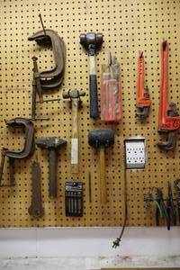 lot 43 image: Garage Shop Workbench Hand Tools...C-Clamps, Vintage Crescent Wrenches Etc