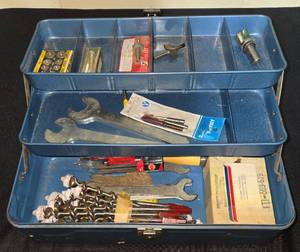lot 117 image: Vintage Metal Tool Box with Assorted Wrenches and Woodworking Accessories