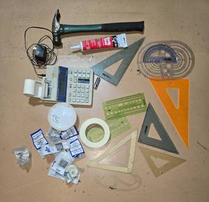 lot 133 image: Mixed Lot of Measuring Tools and Supplies including Calculator and Hammer