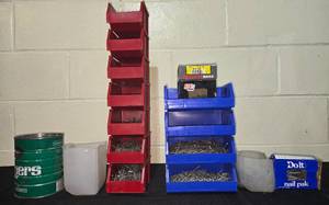 lot 143 image: Lot of Nail Storage Bins with Assorted Nails and Screws