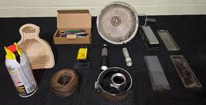 lot 162 image: Metal Shop Light Holder, Assorted Writing Utensils, Flashlights, Stanley Blades and other workshop items.