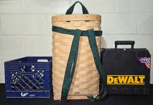 lot 163 image: Woven Hamper, Blue Crate, and Dewalt Tool Case