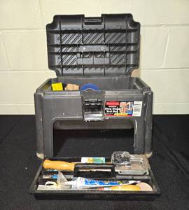 lot 164 image: Rubbermaid Step Stool Tool Box with Assorted Hand Tools and Supplies