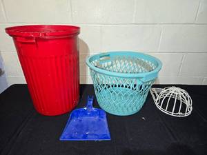 lot 169 image: Red Trash Can, Blue Laundry Basket, Hat Shaper and Blue Dustpan