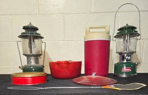 lot 176 image: Camping Gear Lot Lanterns, Insulated Playmate Thermos, Red Cookware, and Tin