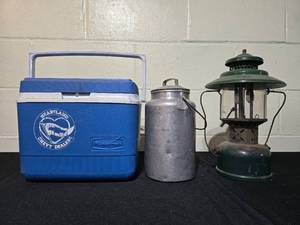 lot 320 image: Vintage Camping Gear Lot Insulated Cooler, Lantern, and Milk Can