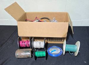 lot 327 image: Box of Assorted Electrical Wiring and Connectors with Spools