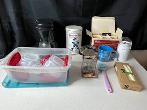 lot 206 image: Kitchenware Including Food Storage Containers, Coffee Grinder, Coffee Maker and Beverage Glasses