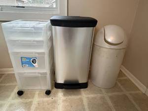 lot 217 image: Lot of 3 Kitchen Storage and Trash Containers Clear Rolling Cart, Stainless Steel Trash Bin, White Trash Can