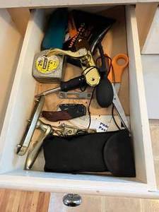 lot 220 image: Contents of Junk Drawer inc Measuring Tape, Winbag, Scissors and more