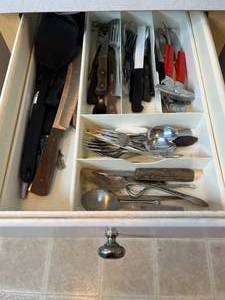 lot 231 image: Kitchen Utensil and Flatware Lot - Assorted Spoons, Forks, Knives, and Tools
