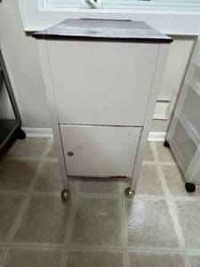 lot 234 image: Vintage Rolling Storage Cabinet with Brown Top