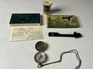 lot 295 image: Collection of Vintage Adventure Gear Compass, Trigger Mechanism, and Scope Mount