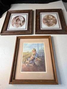 lot 348 image: Collection of 3 Framed Art Prints Featuring Children and Puppies