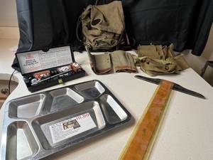 lot 351 image: Collection of Military Surplus Items G.I. Stainless Steel Mess Tray, Cleaning Kit, Canvas Gear