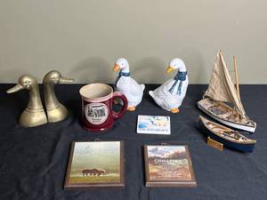 lot 177 image: Assorted Vintage Decorative Items Including Ducks, Mug, Boats and Small Wall Hangings
