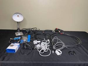 lot 196 image: Assorted Cables, Connectors, and Desk Lamp with Power Adapter