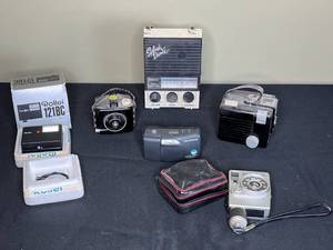 lot 372 image: Collection of Vintage Cameras and Radio Equipment including Rollei 121BC and Olympus Infinity Mini
