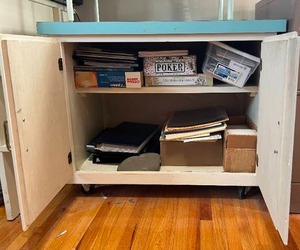 lot 380 image: Vintage Rolling Storage Cabinet with Blue Top and Interior Organizers