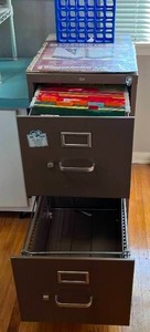 lot 381 image: Vintage Two-Drawer Filing Cabinet with Magazine Holders and Desk Organizer