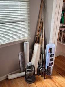 lot 382 image: Lot of Fishing Rods, Lantern & Framed North Central Air Mail Stamp