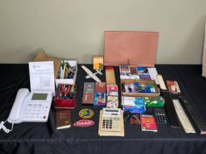 lot 395 image: Lot of Office Supplies and Miscellaneous Items including Telephone, Calculators, and Stationery