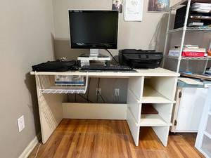 lot 397 image: Complete Home Office Setup Desk, Monitor, HP Envy Printer, Keyboard, and Accessories - untested