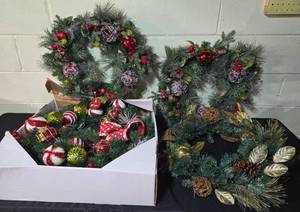 lot 342 image: Collection of 3 Holiday Wreaths with Decorative Ornaments