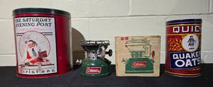 lot 427 image: Vintage Coleman Camping Stove with Original Box and Quaker Oats Tin