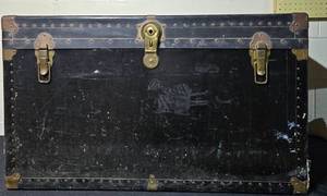 lot 430 image: Antique Black Trunk with Brass Fittings and Hard Vulcanized Trunk Fibre