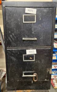 lot 453 image: Vintage Black Two-Drawer File Cabinet with Locking Mechanism