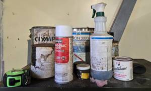 lot 497 image: Lot of Miscellaneous Workshop Supplies including Paint, Adhesives, and Casters - quantity of contents unverified