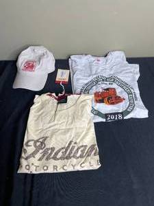 lot 263 image: Lot of 3 Apparel Items Indian Motorcycle T-Shirt, Historical Construction Cap, Gray Exposition T-Shirt