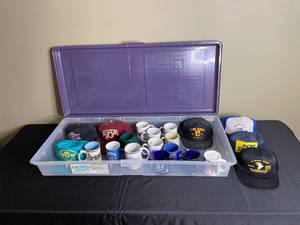 lot 279 image: Collection of Vintage Hats and Mugs in Plastic Storage Bin