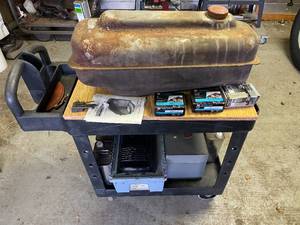 lot 32 image: Workshop Tool Cart with Vintage Fuel Tank and Roofing Nails