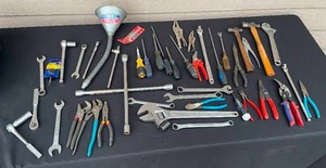 lot 64 image: Large Mixed Lot of Hand Tools Including Wrenches, Pliers, Hammers, and a Funnel