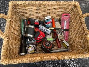 lot 94 image: Assorted Hand Tools and Accessories in Wicker Basket