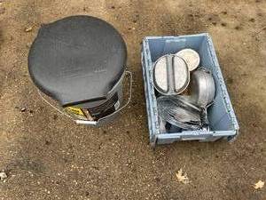 lot 98 image: Storage Bucket with Assorted Aluminum Cookware and Fan Parts - good for camping