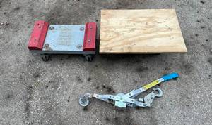 lot 504 image: Heavy-Duty Load Dolly with Ratchet Tie Down Strap and Plywood Top